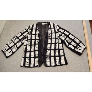 YakMagik Jacket Womens Large Black White Patchwork Kimono Open Front Boho Nepal